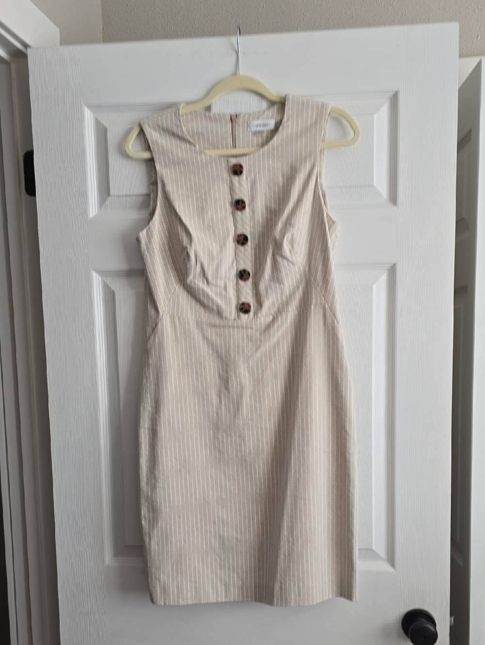 Calvin Klein Beige Pinstripe Midi Dress with Front Buttons